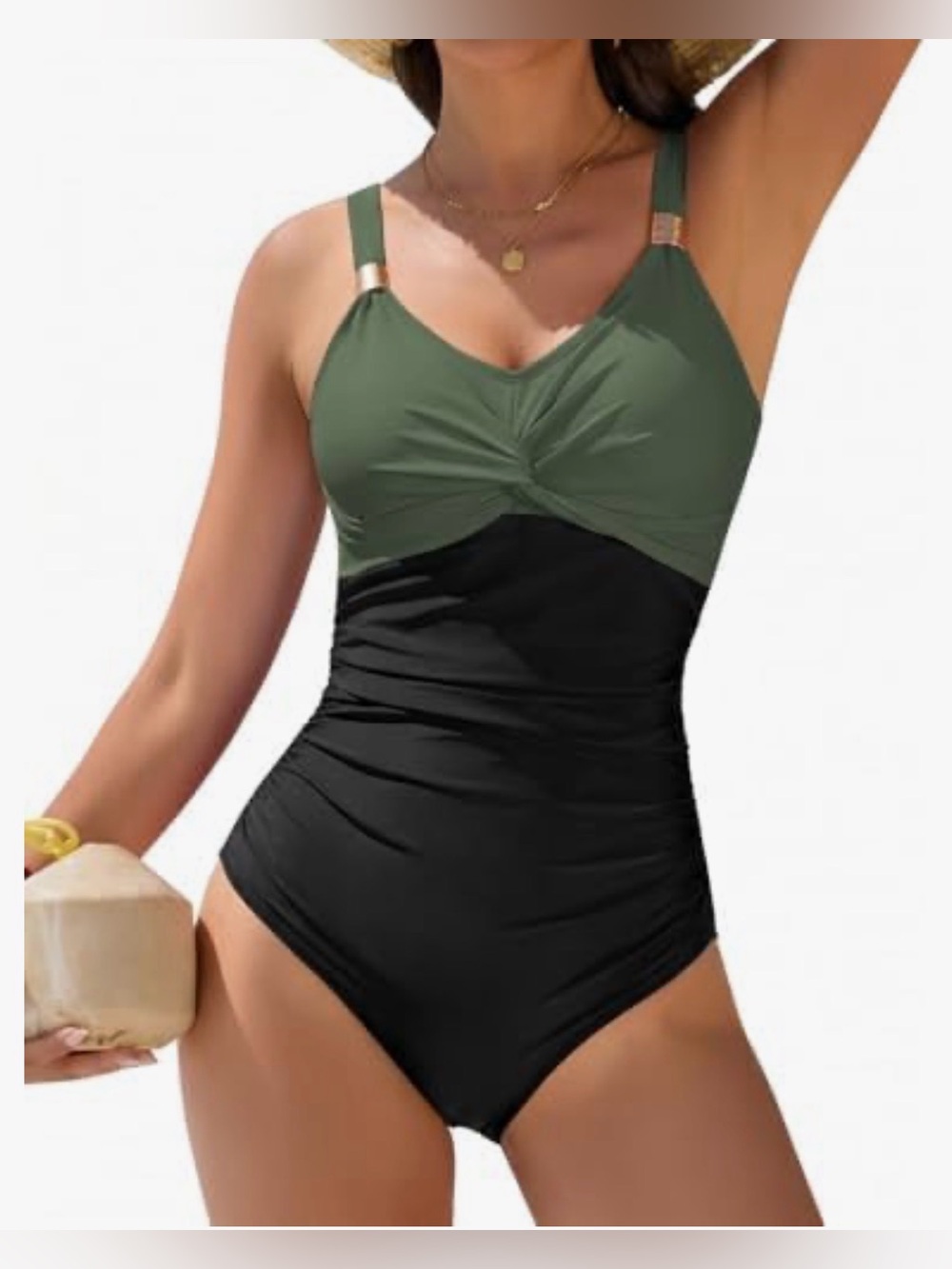 Olive & Black Twist-Front One-Piece Swimsuit